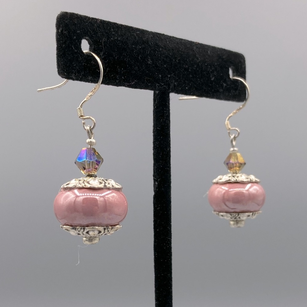 Pink Ceramic Drop Earrings with AB Crystals